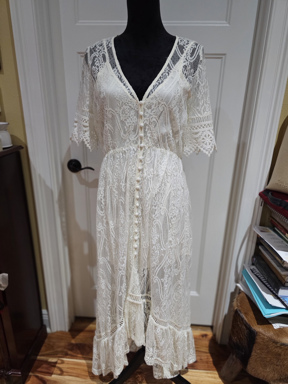 Shyanne Ivory Lace Button-Front Maxi Dress, NWT
